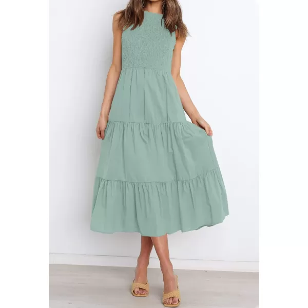 imageZESICA Womens 2024 Summer Casual Sleeveless Crew Neck Smocked High Waist Flowy Tiered A Line Midi DressSage
