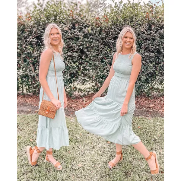 imageZESICA Womens 2024 Summer Casual Sleeveless Crew Neck Smocked High Waist Flowy Tiered A Line Midi DressSage