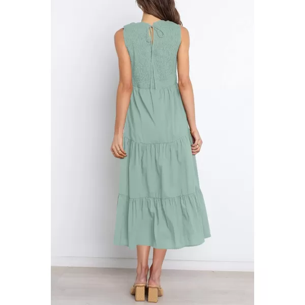 imageZESICA Womens 2024 Summer Casual Sleeveless Crew Neck Smocked High Waist Flowy Tiered A Line Midi DressSage