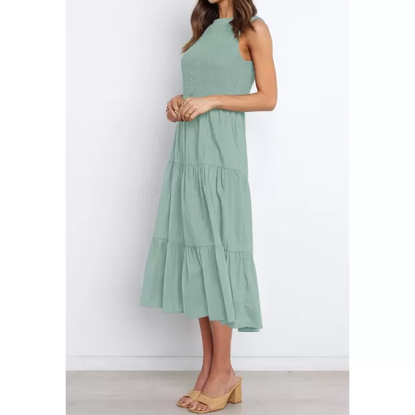 imageZESICA Womens 2024 Summer Casual Sleeveless Crew Neck Smocked High Waist Flowy Tiered A Line Midi DressSage