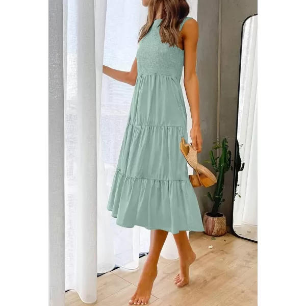 imageZESICA Womens 2024 Summer Casual Sleeveless Crew Neck Smocked High Waist Flowy Tiered A Line Midi DressSage