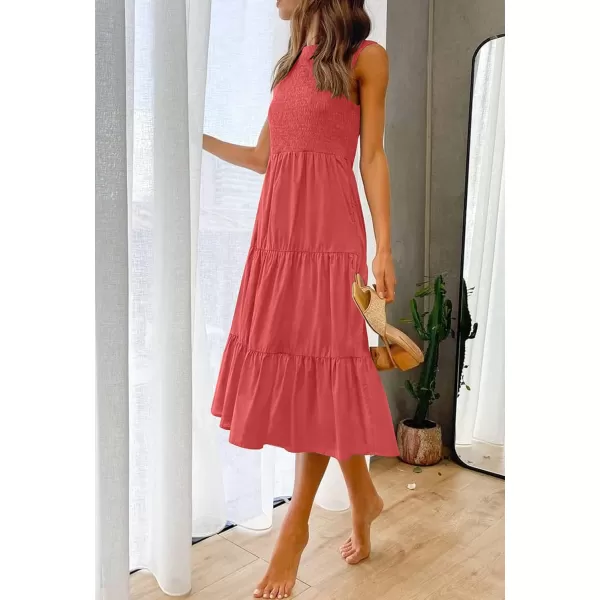 imageZESICA Womens 2024 Summer Casual Sleeveless Crew Neck Smocked High Waist Flowy Tiered A Line Midi DressWatermelon