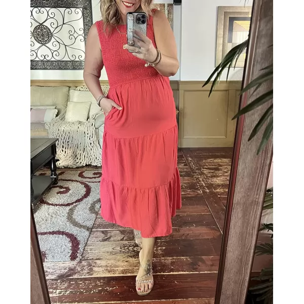 imageZESICA Womens 2024 Summer Casual Sleeveless Crew Neck Smocked High Waist Flowy Tiered A Line Midi DressWatermelon
