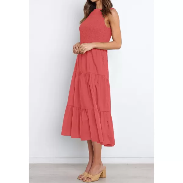 imageZESICA Womens 2024 Summer Casual Sleeveless Crew Neck Smocked High Waist Flowy Tiered A Line Midi DressWatermelon