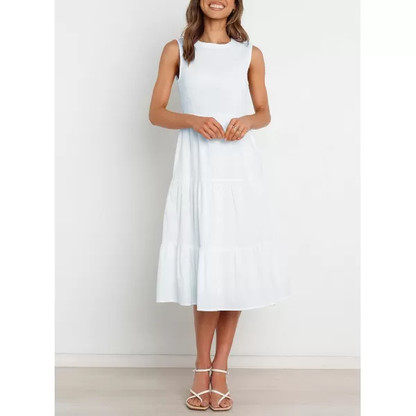 imageZESICA Womens 2024 Summer Casual Sleeveless Crew Neck Smocked High Waist Flowy Tiered A Line Midi DressWhite