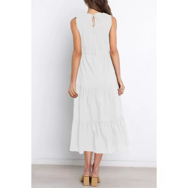 imageZESICA Womens 2024 Summer Casual Sleeveless Crew Neck Smocked High Waist Flowy Tiered A Line Midi DressWhite