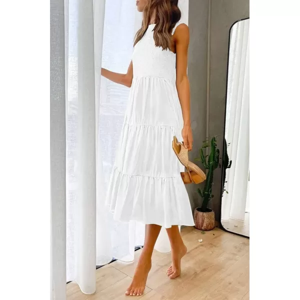 imageZESICA Womens 2024 Summer Casual Sleeveless Crew Neck Smocked High Waist Flowy Tiered A Line Midi DressWhite