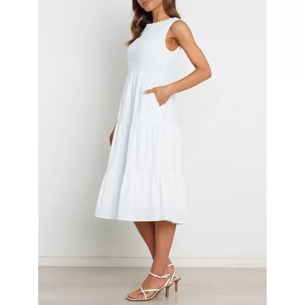 imageZESICA Womens 2024 Summer Casual Sleeveless Crew Neck Smocked High Waist Flowy Tiered A Line Midi DressWhite