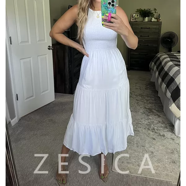 imageZESICA Womens 2024 Summer Casual Sleeveless Crew Neck Smocked High Waist Flowy Tiered A Line Midi DressWhite