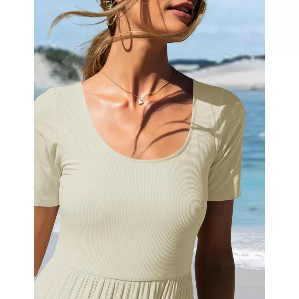 imageZESICA Womens 2024 Summer Casual T Shirt Dress Short Sleeve Scoop Neck Flowy Tiered Beach Midi Dresses with PocketsApricot