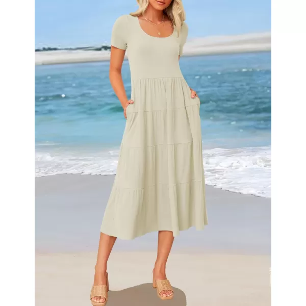 imageZESICA Womens 2024 Summer Casual T Shirt Dress Short Sleeve Scoop Neck Flowy Tiered Beach Midi Dresses with PocketsApricot