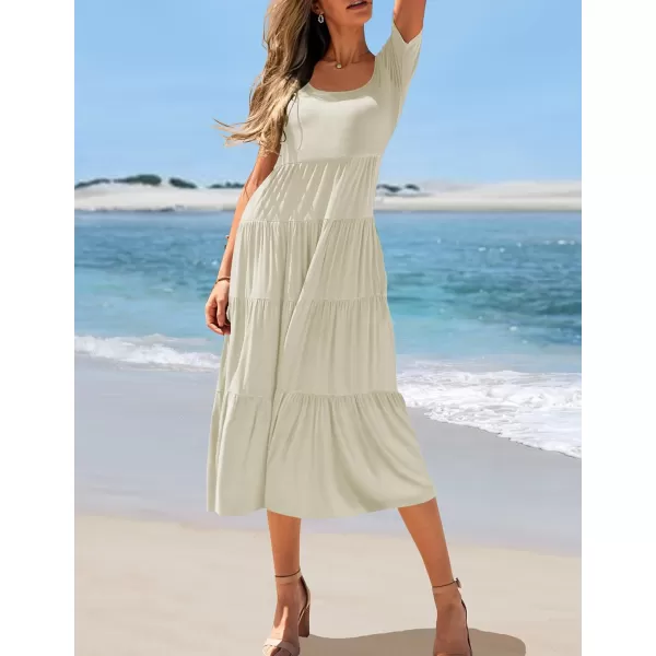 imageZESICA Womens 2024 Summer Casual T Shirt Dress Short Sleeve Scoop Neck Flowy Tiered Beach Midi Dresses with PocketsApricot