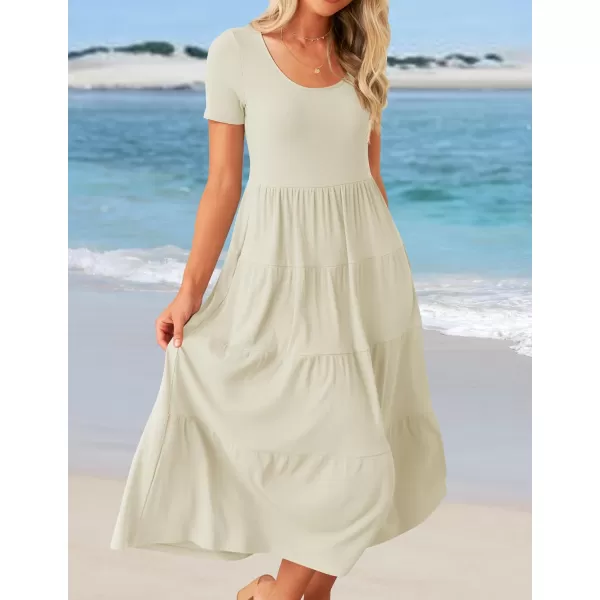 imageZESICA Womens 2024 Summer Casual T Shirt Dress Short Sleeve Scoop Neck Flowy Tiered Beach Midi Dresses with PocketsApricot
