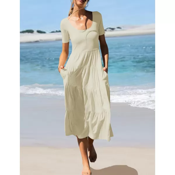imageZESICA Womens 2024 Summer Casual T Shirt Dress Short Sleeve Scoop Neck Flowy Tiered Beach Midi Dresses with PocketsApricot