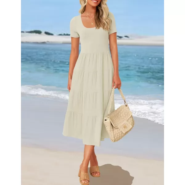 imageZESICA Womens 2024 Summer Casual T Shirt Dress Short Sleeve Scoop Neck Flowy Tiered Beach Midi Dresses with PocketsApricot