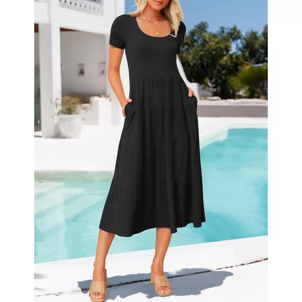 imageZESICA Womens 2024 Summer Casual T Shirt Dress Short Sleeve Scoop Neck Flowy Tiered Beach Midi Dresses with PocketsBlack