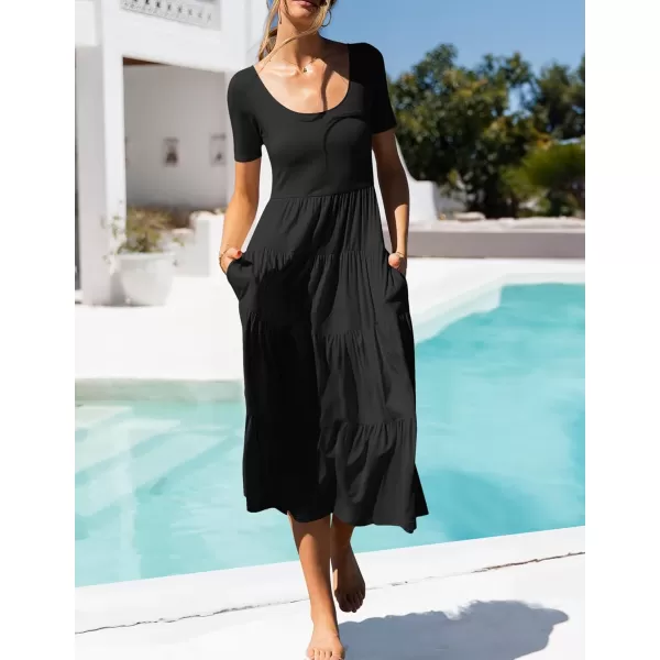 imageZESICA Womens 2024 Summer Casual T Shirt Dress Short Sleeve Scoop Neck Flowy Tiered Beach Midi Dresses with PocketsBlack