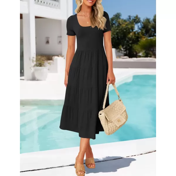 imageZESICA Womens 2024 Summer Casual T Shirt Dress Short Sleeve Scoop Neck Flowy Tiered Beach Midi Dresses with PocketsBlack