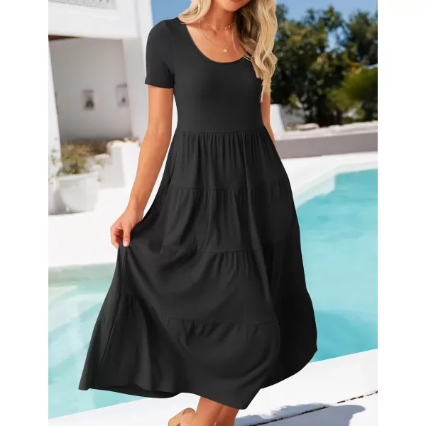 imageZESICA Womens 2024 Summer Casual T Shirt Dress Short Sleeve Scoop Neck Flowy Tiered Beach Midi Dresses with PocketsBlack