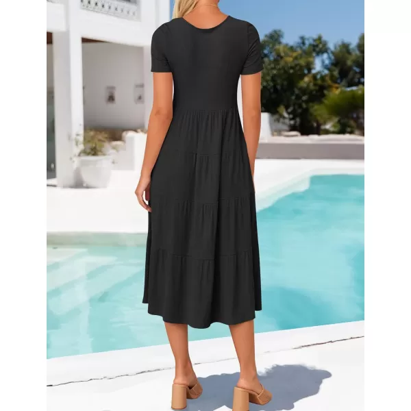 imageZESICA Womens 2024 Summer Casual T Shirt Dress Short Sleeve Scoop Neck Flowy Tiered Beach Midi Dresses with PocketsBlack