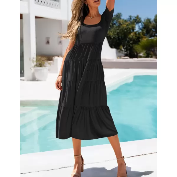 imageZESICA Womens 2024 Summer Casual T Shirt Dress Short Sleeve Scoop Neck Flowy Tiered Beach Midi Dresses with PocketsBlack