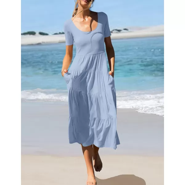 imageZESICA Womens 2024 Summer Casual T Shirt Dress Short Sleeve Scoop Neck Flowy Tiered Beach Midi Dresses with PocketsBlue