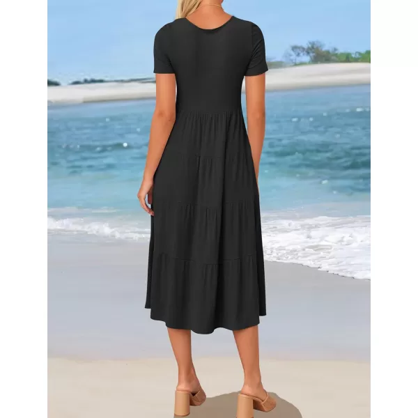 imageZESICA Womens 2024 Summer Casual T Shirt Dress Short Sleeve Scoop Neck Flowy Tiered Beach Midi Dresses with PocketsDarkblack