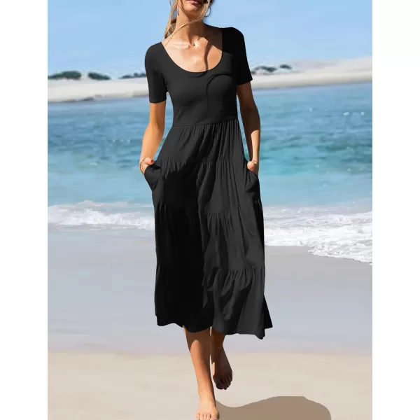 imageZESICA Womens 2024 Summer Casual T Shirt Dress Short Sleeve Scoop Neck Flowy Tiered Beach Midi Dresses with PocketsDarkblack