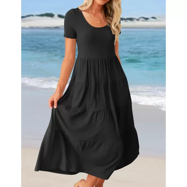 imageZESICA Womens 2024 Summer Casual T Shirt Dress Short Sleeve Scoop Neck Flowy Tiered Beach Midi Dresses with PocketsDarkblack