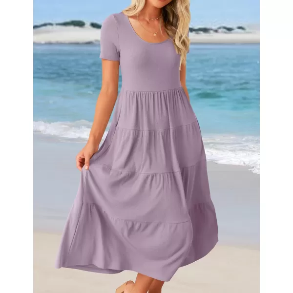 imageZESICA Womens 2024 Summer Casual T Shirt Dress Short Sleeve Scoop Neck Flowy Tiered Beach Midi Dresses with PocketsLightpurple
