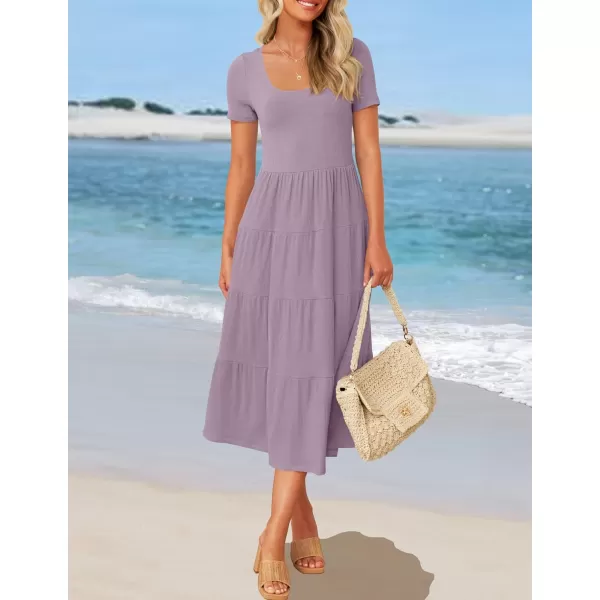 imageZESICA Womens 2024 Summer Casual T Shirt Dress Short Sleeve Scoop Neck Flowy Tiered Beach Midi Dresses with PocketsLightpurple