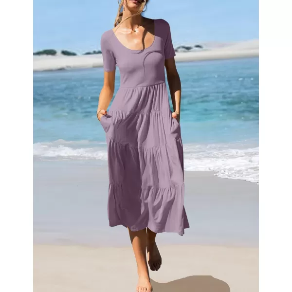 imageZESICA Womens 2024 Summer Casual T Shirt Dress Short Sleeve Scoop Neck Flowy Tiered Beach Midi Dresses with PocketsLightpurple