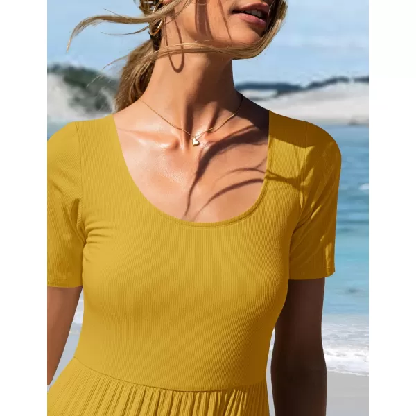 imageZESICA Womens 2024 Summer Casual T Shirt Dress Short Sleeve Scoop Neck Flowy Tiered Beach Midi Dresses with PocketsMustard