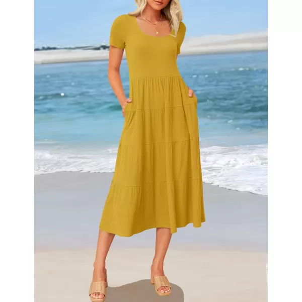 imageZESICA Womens 2024 Summer Casual T Shirt Dress Short Sleeve Scoop Neck Flowy Tiered Beach Midi Dresses with PocketsMustard