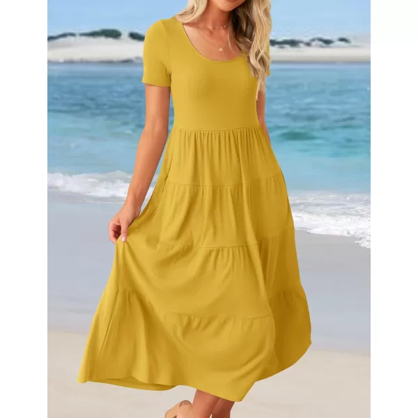 imageZESICA Womens 2024 Summer Casual T Shirt Dress Short Sleeve Scoop Neck Flowy Tiered Beach Midi Dresses with PocketsMustard