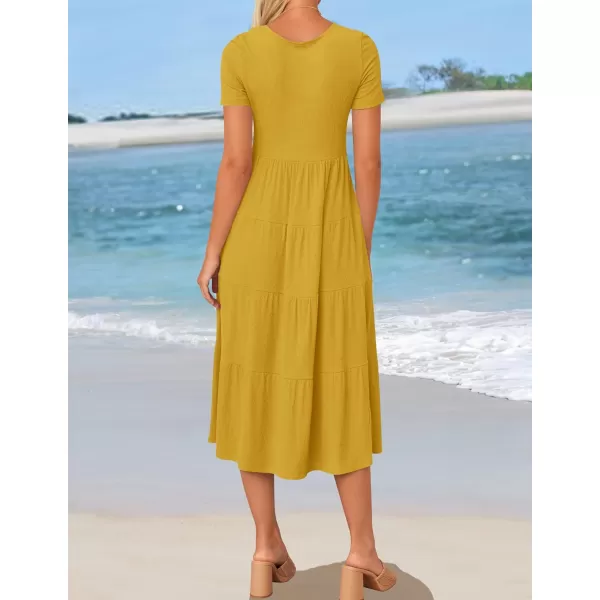 imageZESICA Womens 2024 Summer Casual T Shirt Dress Short Sleeve Scoop Neck Flowy Tiered Beach Midi Dresses with PocketsMustard