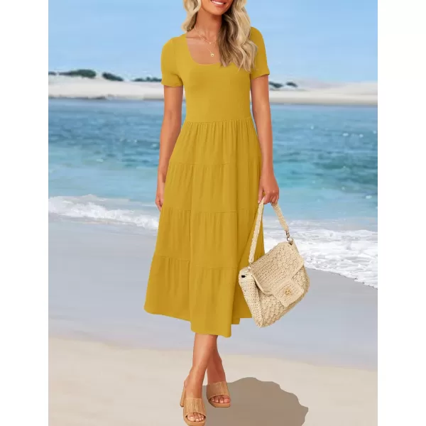 imageZESICA Womens 2024 Summer Casual T Shirt Dress Short Sleeve Scoop Neck Flowy Tiered Beach Midi Dresses with PocketsMustard