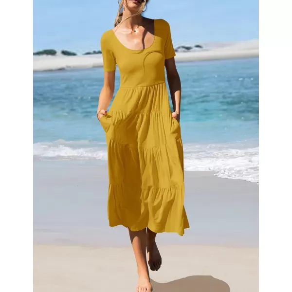 imageZESICA Womens 2024 Summer Casual T Shirt Dress Short Sleeve Scoop Neck Flowy Tiered Beach Midi Dresses with PocketsMustard