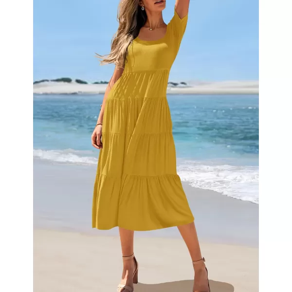 imageZESICA Womens 2024 Summer Casual T Shirt Dress Short Sleeve Scoop Neck Flowy Tiered Beach Midi Dresses with PocketsMustard