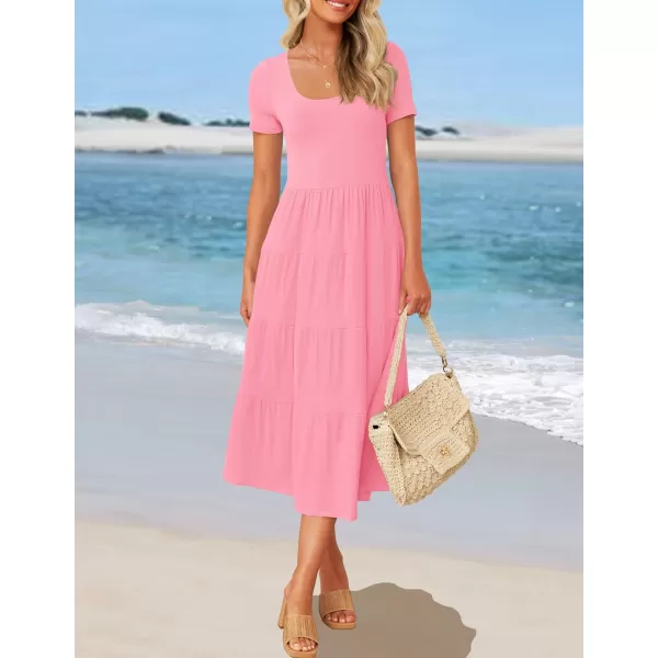 imageZESICA Womens 2024 Summer Casual T Shirt Dress Short Sleeve Scoop Neck Flowy Tiered Beach Midi Dresses with PocketsPink