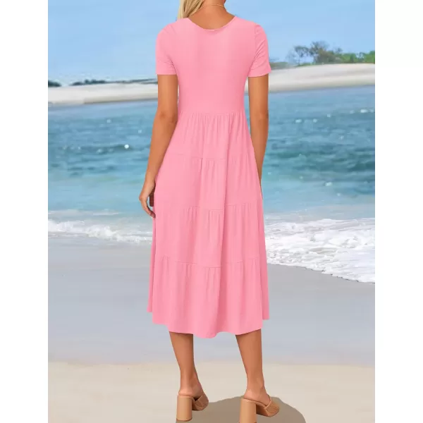 imageZESICA Womens 2024 Summer Casual T Shirt Dress Short Sleeve Scoop Neck Flowy Tiered Beach Midi Dresses with PocketsPink