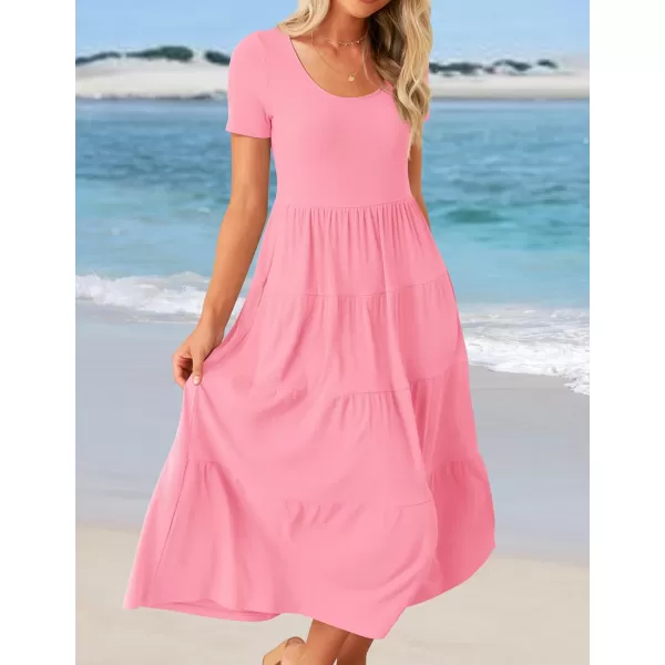 imageZESICA Womens 2024 Summer Casual T Shirt Dress Short Sleeve Scoop Neck Flowy Tiered Beach Midi Dresses with PocketsPink