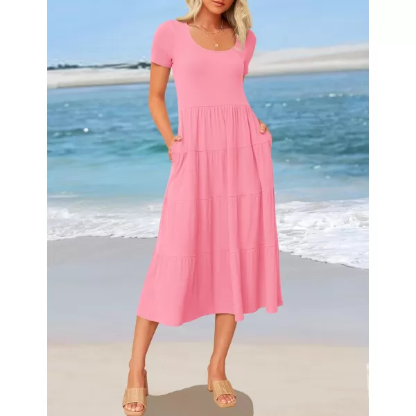 imageZESICA Womens 2024 Summer Casual T Shirt Dress Short Sleeve Scoop Neck Flowy Tiered Beach Midi Dresses with PocketsPink