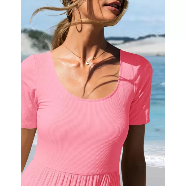 imageZESICA Womens 2024 Summer Casual T Shirt Dress Short Sleeve Scoop Neck Flowy Tiered Beach Midi Dresses with PocketsPink