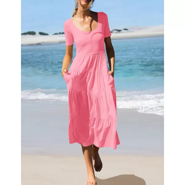 imageZESICA Womens 2024 Summer Casual T Shirt Dress Short Sleeve Scoop Neck Flowy Tiered Beach Midi Dresses with PocketsPink