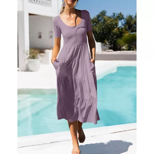 imageZESICA Womens 2024 Summer Casual T Shirt Dress Short Sleeve Scoop Neck Flowy Tiered Beach Midi Dresses with PocketsPurple
