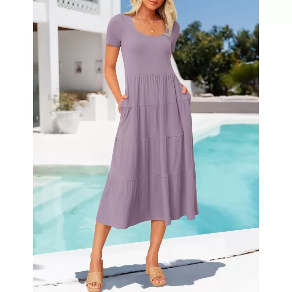 imageZESICA Womens 2024 Summer Casual T Shirt Dress Short Sleeve Scoop Neck Flowy Tiered Beach Midi Dresses with PocketsPurple
