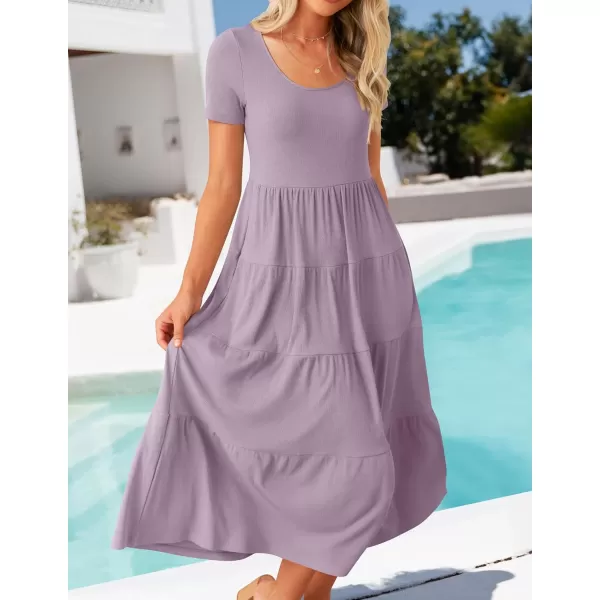 imageZESICA Womens 2024 Summer Casual T Shirt Dress Short Sleeve Scoop Neck Flowy Tiered Beach Midi Dresses with PocketsPurple