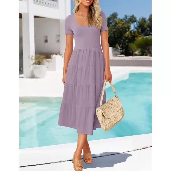 imageZESICA Womens 2024 Summer Casual T Shirt Dress Short Sleeve Scoop Neck Flowy Tiered Beach Midi Dresses with PocketsPurple