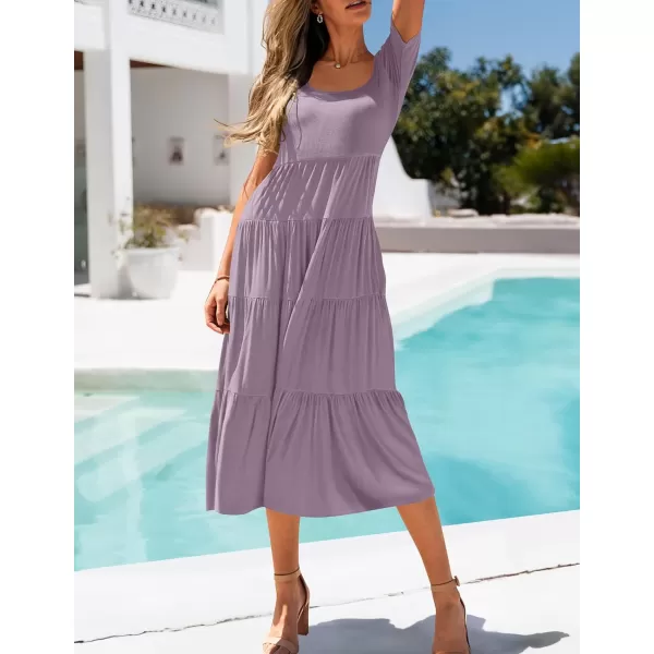 imageZESICA Womens 2024 Summer Casual T Shirt Dress Short Sleeve Scoop Neck Flowy Tiered Beach Midi Dresses with PocketsPurple